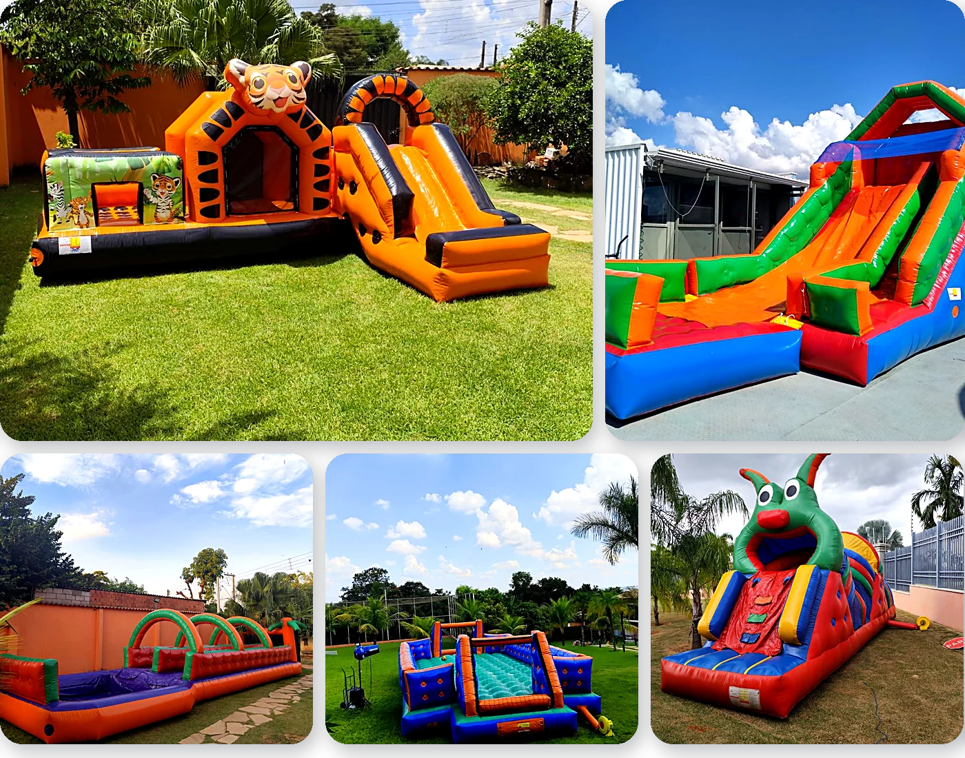 Brinquedos infláveis para alugar em Campinas: Arena Tigrinho, tobogã, tobo-água, futebol de sabão e centopeia
